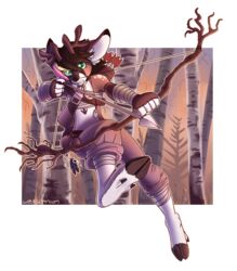  2019 5_fingers action_pose alpha_channel ambiguous_gender anthro antlers arrow_(weapon) bandage biped bow_(weapon) brown_body brown_fur clothed clothing collar deer digital_media_(artwork) dynamic fingers forest fur hair hi_res holding_object holding_weapon hooves horn jewelry jumping legwear lyra_somnium mammal necklace outside plant pose quiver_(object) ranged_weapon simple_background snout solo teeth topwear tree weapon white_body white_fur 