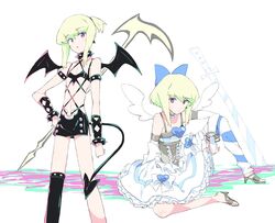  1boy angel bad_id bad_pixiv_id bat_wings blonde_hair blue_eyes blush cosplay crossdressing demon_girl demon_tail demon_wings dress earrings green_hair head_wings jewelry kneesocks_(psg) kneesocks_(psg)_(cosplay) lio_fotia looking_at_viewer male_focus navel otakebi otoko_no_ko panty_&amp;_stocking_with_garterbelt pointy_ears promare purple_eyes skirt solo stocking_(psg) stocking_(psg)_(cosplay) tail tank_top wings 