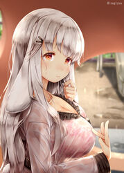  animal_ears blurry blurry_background blush bra breasts brown_eyes cleavage closed_mouth collarbone commentary_request female hair_ornament hairclip hand_up large_breasts lingerie long_hair long_sleeves looking_at_viewer lop_(sugiyuu) original pink_bra rabbit_ears rabbit_tail rain see-through sidelocks smile solo sugiyuu tail tareme twitter_username underwear upper_body very_long_hair wet wet_clothes white_hair 