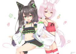  2girls ahoge animal_ear_fluff animal_ears arm_up bikini bikini_top_only black_hair black_skirt breasts bridal_garter camisole cat_ears chigusa_hana choker commentary green_eyes hair_ornament hairclip hand_on_own_chest hand_on_own_hip headphones highres indie_virtual_youtuber jacket konnyaku_(kohoshien) long_hair low_twintails miniskirt multiple_girls navel no_pants off_shoulder open_clothes open_jacket open_mouth outstretched_arm pink_eyes pink_hair rabbit_ears red_camisole signature simple_background skirt small_breasts smile striped_clothes striped_thighhighs swimsuit thighhighs thighs tomari_mari trait_connection twintails virtual_youtuber white_background white_jacket 