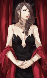  absurdres bare_shoulders black_dress blazpu breasts commentary_request dress earrings female formal grey_hair highres jewelry large_breasts long_hair looking_at_viewer nail_polish niijima_sae persona persona_5 persona_5_the_animation red_eyes simple_background solo 