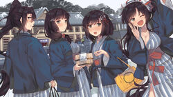  6+girls arm_up ashigara_(kancolle) bag bath_yukata blunt_bangs blush breasts brown_eyes brown_hair closed_eyes closed_mouth commentary_request haguro_(kancolle) hair_ornament hair_ribbon hairclip hanten_(clothes) holding holding_bag japanese_clothes jintsuu_(kancolle) kantai_collection kimono large_breasts long_hair long_sleeves looking_at_viewer multiple_girls myoukou_(kancolle) nachi_(kancolle) naka_(kancolle) obi oerba_yun_fang one_eye_closed open_mouth outdoors ponytail remodel_(kantai_collection) ribbon ryokan sash sendai_(kancolle) shima_(pattern) short_hair side_ponytail smile snow thick_eyebrows tonarikeru yukata 