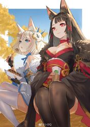  2girls absurdres akagi_(azur_lane) akagi_(plum_and_snow)_(azur_lane) animal_ears azur_lane black_hair black_kimono black_legwear blue_eyes blunt_bangs blush breasts cleavage commentary_request cup day eyeliner feather_boa food fox_ears fox_tail gloves hair_ornament highres holding holding_cup holding_food japanese_clothes kaga_(azur_lane) kaga_(white_fox&#039;s_new_year)_(azur_lane) kimono large_breasts long_hair looking_afar makeup mask messikid multiple_girls multiple_tails obi official_alternate_costume open_mouth outdoors red_eyes sash short_hair sidelocks sitting skindentation skirt smile tail thighhighs weibo_logo weibo_watermark white_hair white_kimono white_thighhighs wide_sleeves 