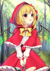  absurdres apple basket blonde_hair blush bottle bow bowtie bread cape commentary crystal day female flandre_day flandre_scarlet food forest frilled_cape frilled_skirt frilled_sleeves frills fruit highres holding hood light_rays long_sleeves nature oerba_yun_fang open_mouth outdoors red_bow red_cape red_eyes red_hood red_skirt ribbon ribbon-trimmed_hood ribbon-trimmed_sleeves ribbon_trim ruhika shirt short_hair skirt smile solo sunbeam sunlight touhou tree white_shirt wings yellow_bow yellow_bowtie 