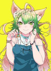  absurdres ahoge animal_ear_fluff animal_ears atalanta_(fate) bare_shoulders belt_collar blue_collar blue_dress blue_nails braid braided_bangs brown_hair cat_ears closed_mouth collar collared_shirt commentary_request dress dress_shirt dyed_bangs fate/apocrypha fate_(series) female fingernails green_eyes green_hair hair_between_eyes hair_ornament hairclip hands_up highres holding kirishina_(raindrop-050928) long_hair multicolored_hair nail_polish photoshop_(medium) shirt simple_background sleeveless sleeveless_shirt slit_pupils smile solo strapless two-tone_hair upper_body very_long_hair white_shirt yellow_background 