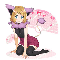  :3 animal_ears black_shirt black_thighhighs blonde_hair blue_eyes blush breasts closed_mouth commentary_request cosplay delcatty delcatty_(cosplay) fake_animal_ears female kanimaru looking_at_viewer miniskirt pleated_skirt poke_ball pokemon pokemon_(anime) pokemon_tail pokemon_xy_(anime) purple_skirt serena_(pokemon) shirt short_hair simple_background skirt sleeveless sleeveless_shirt small_breasts solo tail thighhighs white_background zettai_ryouiki 