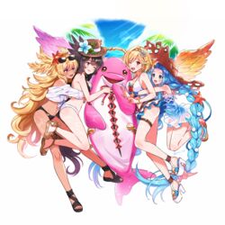  4girls ;d ahoge azrael_(granblue_fantasy) bad_id bad_pixiv_id beach bikini black_hair blonde_hair blue_eyes blue_flower blue_hair blue_sky blush braid breasts brown_eyes cleavage cloud curly_hair dark-skinned_female dark_skin day djeeta_(granblue_fantasy) djeeta_(summer)_(granblue_fantasy) dolphin_costume dress eyewear_on_head feathered_wings flower full_body granblue_fantasy hair_flower hair_ornament hairband halluel_(granblue_fantasy) hat hat_flower head_wings hug iro_178 israfel_(granblue_fantasy) large_breasts long_hair looking_at_viewer lyria_(daughter_of_pearl)_(granblue_fantasy) lyria_(granblue_fantasy) malluel_(granblue_fantasy) multiple_girls ocean official_alternate_costume one_eye_closed open_mouth outdoors purple_eyes red_flower sandals short_hair sky smile straw_hat sun_hat sunglasses swimsuit teeth thigh_strap twin_braids upper_teeth_only very_long_hair white_dress wings 