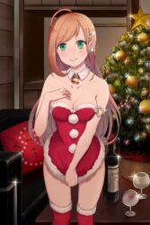  ahoge armlet blonde_hair blush bottle breasts christmas christmas_tree cleavage collarbone commentary_request detached_collar dress dress_tug earrings female fur-trimmed_dress fur-trimmed_legwear fur_trim glass green_eyes grin hair_ornament highres idolmaster idolmaster_cinderella_girls indoors jewelry long_hair looking_at_viewer medium_breasts red_dress red_thighhighs rerere santa_costume sato_shin short_dress smile snowman_print solo sparkle standing strapless strapless_dress swept_bangs thighhighs very_long_hair wing_collar 