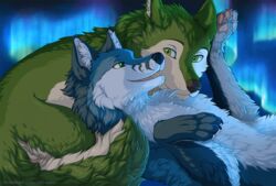  2019 4_toes aurora_(phenomenon) black_nose blue_body blue_fur borophagine canid canine canis countershading detailed_background digital_media_(artwork) duo epicyon feet female feral fur green_body green_eyes green_fur greeny_(odisaodi) jay-kuro lying male mammal milly_(millcore) multicolored_body multicolored_fur night on_back open_mouth outside pawpads pink_pawpads smaller_version_at_source smile teeth toes two_tone_body two_tone_fur white_body white_fur wolf 