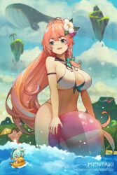  &gt;_&lt; 2boys :d ahoge artist_name ball bare_arms bare_shoulders beachball bikini black_bikini blue_sky blush breasts brown_hair cleavage closed_eyes cloud cloudy_sky commentary criss-cross_halter day dragalia_lost english_commentary female floating_island flower flying_whale green_eyes green_hair hair_flower hair_ornament halterneck hentaki high_ponytail highres innertube large_breasts long_hair louise_(dragalia_lost) lowen_(dragalia_lost) mini_person miniboy mismatched_bikini multiple_boys muscular navel open_mouth outdoors patreon_username ponytail ranzal_(dragalia_lost) rubber_duck sky smile solo_focus standing swim_ring swimsuit transparent very_long_hair wading water watermark web_address whale white_bikini white_flower 