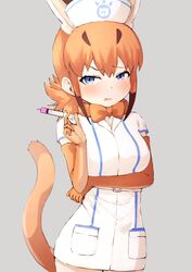  absurdres alternate_costume animal_ears annoyed arm_under_breasts belt blue_eyes bow bowtie caracal_(kemono_friends) commentary cowboy_shot deku_suke dress elbow_gloves extra_ears female gloves hat highres japari_symbol kemono_friends kemono_friends_festival light_brown_hair long_hair nurse nurse_cap oerba_yun_fang open_mouth orange_bow orange_bowtie orange_hair orange_tail pocket short_sleeves sidelocks solo syringe tail traditional_bowtie white_dress 