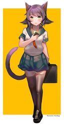  animal_ears artist_name bag black_footwear bookbag brown_legwear cat_ears cat_tail cellphone commentary commission female harukagi original phone school_uniform serafuku shirt short_hair short_sleeves simple_background skirt solo standing tail thighs white_shirt yellow_background 