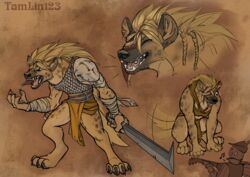  2019 4_toes ambiguous_gender anthro armor barefoot black_pawpads braided_hair bust_portrait claws clothed clothing crouching digital_media_(artwork) digitigrade dungeons_and_dragons duo ear_piercing feet full-length_portrait fur gnoll hair hasbro holding_melee_weapon holding_object holding_sword holding_weapon human hyena lute mammal melee_weapon multiple_piercings multiple_poses musical_instrument musical_note orrom pauldron pawpads paws piercing plucked_string_instrument portrait pose simple_background smile solo_focus spotted_hyena standing string_instrument sword tail tail_motion tailwag tamlin123 textured_background toes weapon wizards_of_the_coast wraps wrist_wraps 