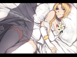  blonde_hair blue_eyes braid breast_hold breasts bridal_veil cleavage commentary_request detached_sleeves dress female flower hair_over_shoulder letterboxed lily_(flower) long_hair looking_at_viewer lying mirage_koas nagioka on_back panties pillow single_braid solo star_ocean star_ocean_anamnesis star_ocean_till_the_end_of_time thighhighs underwear veil wedding_dress white_panties white_thighhighs 