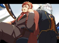  anthro bottomwear cape claude_(tas) clothed clothing duo eyewear facial_hair felid fur hair human kmd023 lifewonders lion male mammal mane mane_hair monocle necktie pantherine red_hair sitting snow_(tas) tokyo_afterschool_summoners topwear white_body white_fur white_hair 