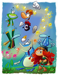  artist_name barbara barbara_(rayman) blonde_hair blue_skin boots cleavage clenched_hand closed_eyes crown dated fur_boots globox gloves grand_minimus grass green_skin group hair happy helmet jacket jumping limbless lum missing_tooth murphy_(character) navel outdoors rayman rayman_(character) rayman_legends red_hair robe sandrarivasart shoes skirt skull_belt smile teensie teeth tied_hair tongue tongue_out ubisoft viking webbed_feet wings wizard wizard_hat 