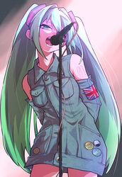  absurdres alternate_color arms_behind_back bad_id bad_pixiv_id badge bare_shoulders breast_pocket breasts button_badge buttons commentary cowboy_shot denim denim_dress detached_sleeves dress english_commentary expressionless eyelashes eyes_visible_through_hair female flag green_eyes green_hair hair_between_eyes half-closed_eyes hatsune_miku highres jipponwazaari light_particles long_hair looking_away microphone microphone_stand multicolored_hair music number_tattoo open_mouth pocket shoulder_tattoo singing small_breasts solo stage_lights tattoo teeth thighs twintails union_jack very_long_hair vocaloid 