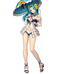  aqua_hair bare_shoulders bikini blue_eyes blue_footwear breasts cleavage closed_mouth criss-cross_halter female fiora_(fire_emblem) fiora_(summer)_(fire_emblem) fire_emblem fire_emblem:_the_blazing_blade fire_emblem_heroes flower full_body hair_flower hair_ornament halterneck hibiscus high_heels highres holding konfuzikokon long_hair looking_at_viewer medium_breasts navel official_art parted_bangs sandals smile solo standing stomach swimsuit toeless_footwear toes transparent_background umbrella 