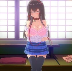  anime_screenshot black_hair black_legwear bra breasts cleavage female hairband highres kawaikereba_hentai_demo_suki_ni_natte_kuremasu_ka? pink_bra source_request stitched third-party_edit tokihara_sayuki underwear yellow_eyes 