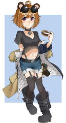  absurdres ahoge animal_ears artist_name bad_id bad_pixiv_id bear_ears belly belt belt_buckle black_belt black_footwear black_neckwear black_shirt black_thighhighs blue_background blush boots breasts brown_hair buckle choker closed_mouth collarbone commentary denim denim_shorts doughnut eating eyewear_on_head female food full_body girls&#039;_frontline grizzly_mkv_(girls&#039;_frontline) grizzly_mkv_(teddy_transform!)_(girls&#039;_frontline) gun handgun highres holding holding_food holster holstered jacket looking_to_the_side metro_(jbcman0198) navel official_alternate_costume photoshop_(medium) purple_eyes shirt short_hair shorts simple_background solo standing sunglasses t-shirt thighhighs weapon 