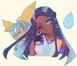  ;) aqua_outline black_hair blue_eyes blue_hair closed_mouth commentary_request dark-skinned_female dark_skin drednaw earrings eyeliner female gloves holding holding_poke_ball hoop_earrings jewelry kara_(missileten) long_hair looking_at_viewer makeup multicolored_hair nessa_(pokemon) one_eye_closed outline partially_fingerless_gloves poke_ball pokemon pokemon_(creature) pokemon_swsh smile twitter_username two-tone_hair upper_body 