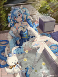  absurdres animal bath bathtub blue_eyes blue_hair blush_stickers cabinet chair chinese_commentary clothed_bath commentary crown cup detached_collar detached_sleeves drinking_glass faucet female food frilled_skirt frills fruit fruit_on_liquid hair_ornament hatsune_miku highres hmax holding holding_smoking_pipe juliet_sleeves lemon long_hair long_sleeves nail_polish neck_ruff outdoors photoshop_(medium) princess puffy_sleeves rabbit rabbit_yukine rug see-through skirt smoking_pipe snowflake_hair_ornament sunlight tiara twintails very_long_hair vocaloid wet wet_clothes wine_glass yuki_miku yuki_miku_(2019) 