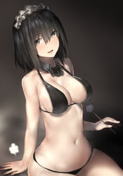  :d araido_kagiri arm_support bare_arms bare_shoulders bikini black_bikini black_bow black_bowtie black_hair bow bowtie breasts brown_eyes cleavage collarbone commentary_request detached_collar female hair_between_eyes highres holding large_breasts long_hair looking_at_viewer maid_headdress md5_mismatch mimikaki navel open_mouth original puff_of_air resolution_mismatch sitting smile solo source_larger stomach swimsuit thighs 