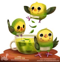  ambiguous_gender apron avian beverage bird black_eyes brown_body brown_feathers budgerigar clothing container cup digital_media_(artwork) digital_painting_(artwork) english_text feathered_wings feathers feral green_body green_feathers group leaf looking_at_viewer loriinae parakeet parrot piper_thibodeau simple_background tea tea_bag text true_parrot white_background wings yellow_body yellow_feathers 