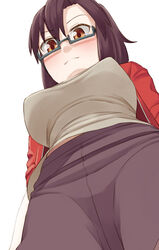  arms_at_sides black_pants blush breasts brown_eyes brown_hair commentary_request easy_(aqk7bdqt) female from_below glasses jacket kouenji_(sewayaki_kitsune_no_senko-san) large_breasts looking_at_viewer pants photoshop_(medium) red_jacket semi-rimless_eyewear sewayaki_kitsune_no_senko-san simple_background solo standing under-rim_eyewear white_background 