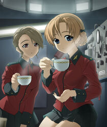  2girls :o black_bow black_skirt blue_eyes bow braid brown_hair closed_mouth commentary cup epaulettes girls_und_panzer hairbow highres holding holding_cup insignia jacket leaning_forward long_sleeves looking_at_viewer military military_uniform miniskirt multiple_girls orange_hair orange_pekoe_(girls_und_panzer) original parted_bangs parted_lips pleated_skirt red_eyes red_jacket saitou_gabio short_hair sitting skirt st._gloriana&#039;s_military_uniform steam swept_bangs tank_interior teacup tied_hair uniform 