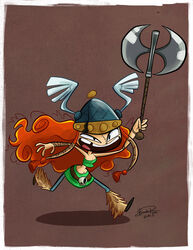  artist_name axe barbara barbara_(rayman) boots cleavage cracked dated facial_scar female female female_focus frizzled_hair fur_boots hair helmet holding holding_weapon missing_tooth open_mouth orange_hair rayman rayman_legends sandrarivasart scar skirt skull_belt teeth tied_hair tongue ubisoft video_games wings 