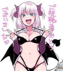  1boy assistant_(tejina_senpai) azu_(azu401) bad_id bad_twitter_id bikini black_bikini breasts commentary_request demon_girl demon_horns demon_wings female green_eyes halterneck highres horns large_breasts long_hair looking_at_viewer multi-strapped_bikini navel oerba_yun_fang open_mouth standing swimsuit tejina_senpai tejina_senpai_(series) two_side_up wings 