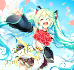  2017 :d ^_^ anniversary balloon black_skirt blue_hair blue_sky blurry blush bouquet closed_eyes cloud cloudy_sky commentary_request confetti cowboy_shot dated day depth_of_field detached_sleeves dutch_angle female floating_hair flower hair_between_eyes happy hatsune_miku holding holding_bouquet holding_flower long_hair maronie. open_mouth outdoors outstretched_arm pleated_skirt red_flower red_rose ribbon rose round_teeth shirt skirt sky sleeveless sleeveless_shirt smile solo teeth thighhighs twintails upper_teeth_only very_long_hair vocaloid white_shirt yellow_ribbon zettai_ryouiki 