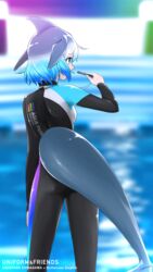  9:16 animal_humanoid blue_eyes blue_hair cetacean cetacean_humanoid clothed clothing dolka dolphin_humanoid female fin gradient gradient_hair grey_hair hair head_fin hi_res humanoid kemono_friends mammal marine marine_humanoid multicolored_hair rear_view solo stylecase tail tail_fin toothed_whale_humanoid wetsuit white_hair 