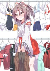  bikini blush brown_eyes brown_hair clothes_hanger commentary cosplay female hachimaki headband highres i-14_(kancolle) i-14_(kancolle)_(cosplay) japanese_clothes kantai_collection kariginu long_hair long_sleeves looking_at_viewer mikuma_(2016_swimsuit_mode)_(kancolle) mikuma_(kancolle) mikuma_(kancolle)_(cosplay) mogami_(kancolle) mogami_(kancolle)_(cosplay) natsuki_(gedo) one-piece_swimsuit pleated_skirt ponytail red_bikini ryuujou_(kancolle) ryuujou_(kancolle)_(cosplay) sailor_collar sazanami_(kancolle) sazanami_(kancolle)_(cosplay) sazanami_(swimsuit_mode)_(kancolle) skirt solo standing swimsuit swimsuit_hanger white_bikini wide_sleeves zuihou_(kancolle) 