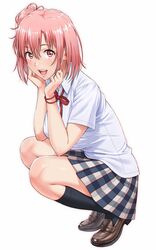  black_socks blush bracelet breasts brown_footwear collared_shirt commentary_request female full_body hair_bun highres jewelry kneehighs large_breasts loafers looking_at_viewer nigou open_mouth pink_eyes pink_hair shirt shoes short_hair single_hair_bun skirt smile socks solo squatting teeth upper_teeth_only white_shirt yahari_ore_no_seishun_lovecome_wa_machigatteiru. yuigahama_yui 