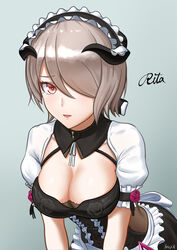  :d apron black_ribbon breasts cleavage commentary_request detached_collar female flower grey_background grey_hair hair_between_eyes hair_over_one_eye highres honkai_(series) honkai_impact_3rd horns kayama_kouji leaning_forward looking_at_viewer maid maid_headdress medium_breasts mole mole_under_eye mole_under_mouth neck_ribbon open_mouth red_eyes red_flower red_rose ribbon rita_rossweisse rita_rossweisse_(umbral_rose) rose short_hair short_sleeves signature smile solo swept_bangs upper_body waist_apron white_ribbon 