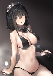  :d araido_kagiri arm_support bare_arms bare_shoulders bikini black_bikini black_bow black_bowtie black_hair bow bowtie breasts brown_eyes cleavage collarbone commentary_request detached_collar female hair_between_eyes highres holding large_breasts long_hair looking_at_viewer maid_headdress mimikaki navel open_mouth original puff_of_air revision sitting smile solo stomach swimsuit thighs 