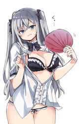  bad_id bad_twitter_id bikini bikini_under_clothes black_bikini blue_eyes blush breasts cleavage cowboy_shot female frilled_bikini frills grey_hair grimace hair_between_eyes hand_fan large_breasts murakami_meishi open_clothes original paper_fan solo sweat swimsuit thigh_gap twintails 