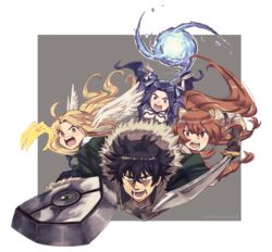  1boy 3girls animal_ears armor attack black_gloves black_hair blonde_hair blue_eyes breastplate brown_hair commentary dress feathered_wings filo_(tate_no_yuusha_no_nariagari) fumato gloves green_eyes highres incoming_attack iwatani_naofumi long_hair magic melty_q_melromarc multiple_girls purple_dress purple_eyes purple_hair raccoon_ears raccoon_girl raphtalia screaming shield sword tate_no_yuusha_no_nariagari twintails water weapon wings 