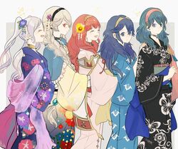  5girls alternate_hairstyle arms_around_waist blue_eyes blue_hair braid byleth_(female)_(fire_emblem) byleth_(fire_emblem) celica_(fire_emblem) choker commentary_request corrin_(female)_(fire_emblem) corrin_(fire_emblem) earrings fire_emblem fire_emblem:_three_houses fire_emblem_awakening fire_emblem_echoes:_shadows_of_valentia fire_emblem_fates floral_print flower green_hair grey_hair hair_flower hair_ornament hairband hand_on_another&#039;s_shoulder japanese_clothes jewelry kimono long_hair looking_at_viewer lucina_(fire_emblem) medium_hair multiple_girls obi open_mouth print_kimono red_eyes robin_(female)_(fire_emblem) robin_(fire_emblem) sasaki_(dkenpisss) sash side_braid smile tassel twintails 