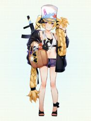  ankle_ribbon assault_rifle bag blonde_hair blush braid bucket bucket_on_head commentary english_commentary eyewear_hang female full_body girls&#039;_frontline gun hair_ribbon handbag hat jacket jacket_on_shoulders leg_ribbon lips long_hair looking_at_viewer mania_(fd6060_60) navel object_on_head ribbon rifle sandals shirt shorts simple_background solo sr-3mp sr-3mp_(girls&#039;_frontline) stuffed_animal stuffed_toy tied_shirt twin_braids unworn_eyewear very_long_hair weapon 