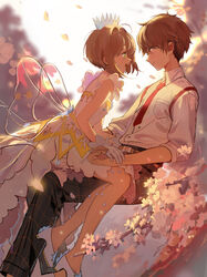  1boy absurdres antenna_hair bare_legs belt black_pants blurry blush breast_pocket brown_eyes brown_hair cardcaptor_sakura cardcaptor_sakura_clear_card_arc cherry_blossoms closed_eyes closed_mouth collared_shirt commentary_request couple crown dress dress_shirt eye_contact female flower from_side gloves green_eyes hand_grab high_heels highres invisible_chair kinomoto_sakura kinomoto_sakura_(crystal_feather_dress) legs li_syaoran looking_at_another magical_girl necktie open_mouth pants petals pocket profile red_eyes red_necktie revision school_uniform see-through shirt short_hair sitting sitting_on_lap sitting_on_person sleeves_pushed_up smile straight tiara tree white_dress white_footwear white_gloves white_shirt wings yukuso_(dabiandang) 