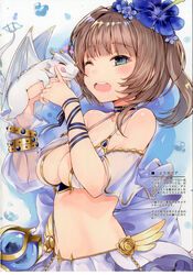  absurdres bare_shoulders bikini bikini_top_only blue_eyes blue_flower blush bracelet breasts brown_hair choker cleavage collarbone dragon excellia_cruz female flower hair_flower hair_ornament hands_up heart highres jewelry kou_mashiro medium_breasts midriff navel one_eye_closed open_mouth photoshop_(medium) scan see-through shiny_skin shironeko_project short_hair simple_background skirt smile solo stomach swimsuit upper_body 