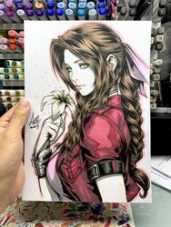  aerith_gainsborough art_tools_in_frame artist&#039;s_hand_in_frame bow braid braided_ponytail brown_hair closed_mouth commentary cropped_jacket dress female final_fantasy final_fantasy_vii final_fantasy_vii_remake flower from_side green_eyes hair_ribbon highres holding holding_flower long_dress long_hair marker_(medium) photo_(medium) pink_bow pink_dress pink_lips ribbon single_braid stanley_lau traditional_media 