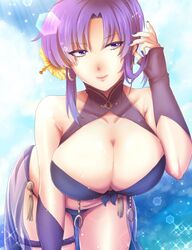  bad_id bad_twitter_id bikini blue_eyes breasts cleavage collared_bikini commentary_request detached_sleeves earrings female fire_emblem fire_emblem:_the_blazing_blade fire_emblem_heroes gloves jewelry large_breasts lilly0723euro purple_eyes purple_hair sarong short_hair side_slit smile solo swimsuit ursula_(fire_emblem) ursula_(summer)_(fire_emblem) 