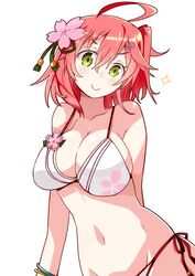  ahoge alternate_costume bare_shoulders bikini bracelet breasts cherry_blossom_print cherry_blossoms cleavage commentary_request female floral_print flower green_eyes hair_flower hair_ornament hairclip highres hololive jewelry large_breasts looking_at_viewer navel official_alternate_costume pink_hair sakura_miko sakura_miko_(hololive_summer_2019) shiny_skin shirogane_(platinum) short_hair simple_background smile solo sparkle swimsuit virtual_youtuber white_background 