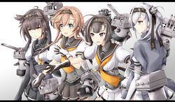  +_+ 4girls 5others ahoge akizuki_(kancolle) anchor_symbol black_bodysuit black_gloves black_hair black_headband black_sailor_collar black_skirt bodysuit braid brown_hair chou-10cm-hou-chan chou-10cm-hou-chan_(hatsuzuki&#039;s) chou-10cm-hou-chan_(suzutsuki&#039;s) chou-10cm-hou-chan_(teruzuki&#039;s) clothes_writing commentary_request corset cowboy_shot from_behind gloves gradient_background grey_background grey_eyes grey_jacket grey_skirt gudon_(iukhzl) hachimaki hair_flaps hair_ornament hairband hatsuzuki_(kancolle) headband highres jacket jacket_on_shoulders kantai_collection light_brown_hair long_hair medium_hair miniskirt multicolored_clothes multicolored_gloves multiple_girls multiple_others neckerchief one_side_up open_mouth pantyhose photoshop_(medium) pleated_skirt ponytail profile propeller_hair_ornament round_teeth sailor_collar school_uniform serafuku short_hair short_sleeves simple_background skirt suzutsuki_(kancolle) teeth teruzuki_(kancolle) twin_braids two-tone_gloves upper_teeth_only white_background white_bodysuit white_gloves white_hair white_neckerchief white_skirt yellow_eyes yellow_neckerchief 