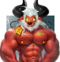  abs beard bovid bovine cattle dalluwn facial_hair front_view glowing glowing_nipples green_eyes hair half-length_portrait horn looking_at_viewer machine male mammal muscular muscular_male navel navel_rim nipples obliques pecs portrait red_body red_skin robot smile solo tusks white_hair wire 