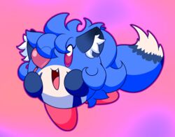  2019 blue_body blue_fur blue_hair blue_tail canid canine digital_media_(artwork) eye_patch eyewear female fox fur hair heart_eye_patch heart_symbol kirbot12 kirby kirby_(series) lazuli_(doggod.va) mammal multicolored_body multicolored_fur multicolored_tail nintendo open_mouth purple_background purple_eyes simple_background smile solo tail waddling_head white_body white_fur white_tail 